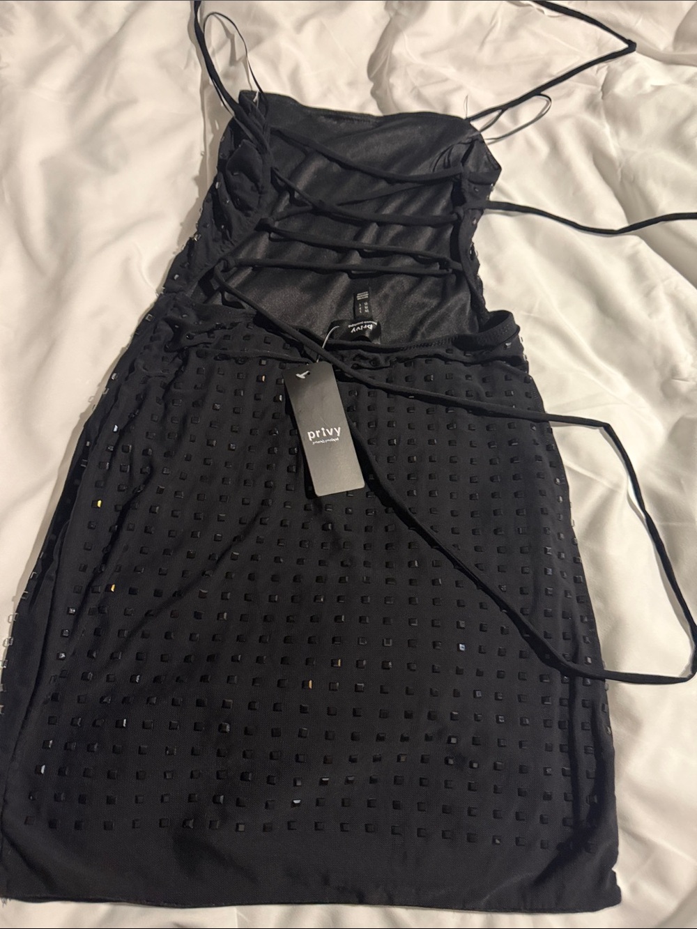privy Black Strappy Mini Dress with Square Stud Texture